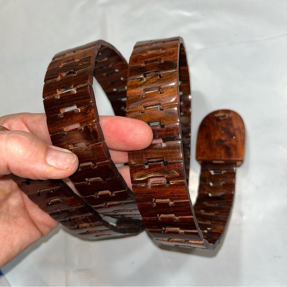 WOODEN brown hinged vintage 1970s Belt 38”long wooden Hook Buckle Glazed unisex - Picture 8 of 15